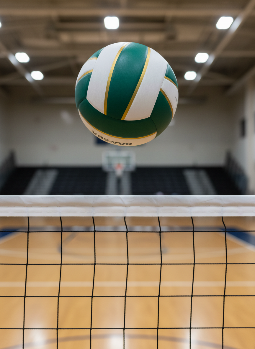 A close-up, photographic view of a high-quality volleyball mid-air just above the net, frozen at the peak of its trajectory. The ball features clean white panels with deep green and subtle gold accents, textured seams clearly visible. Below, the taut net with crisp white tape and fine black mesh is sharply in focus, while the rest of the empty indoor court softly blurs into the background. Overhead sports lights cast bright, even illumination, creating a dynamic, high-contrast look with faint shadows on the floor. Shot from a low, slightly angled perspective, the composition emphasizes motion and precision. The atmosphere is energetic yet disciplined, reflecting competitive training and technical development at a professional junior club.
